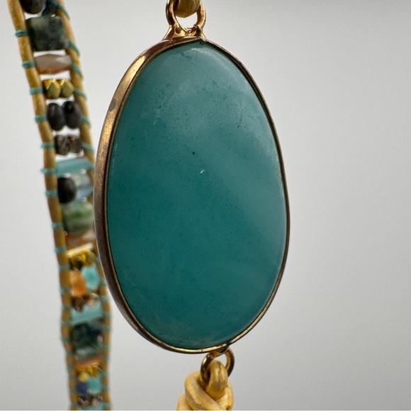 Boho Leather Beaded Necklace w/ Teal Gemstone Pendant 20-22” - Picture 5 of 9